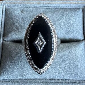Vintage Sarah Coventry Midnight Onxy and Diamond 10 kt White Gold Marquise Ring